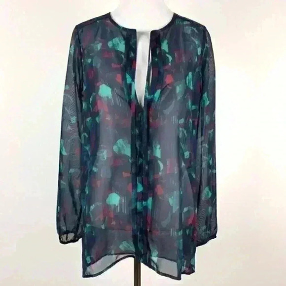 Mudd top size S blue burgundy sheer artsy career - Picture 3 of 9